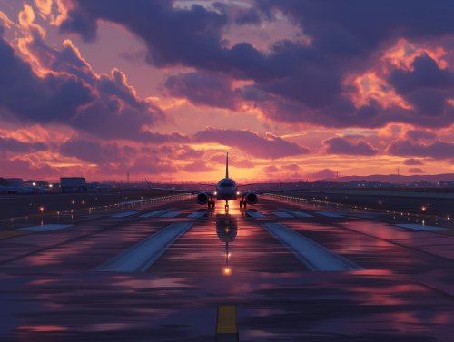 Пассажирский самолет на мокрой взлетно-посадочной полосе с включенными огнями на фоне закатного неба с фиолетовыми и оранжевыми облаками