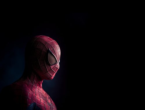 Портрет Человека-паука в красном костюме с паутиной из фильма Новый Человек-паук / The Amazing Spider-Man на черном фоне