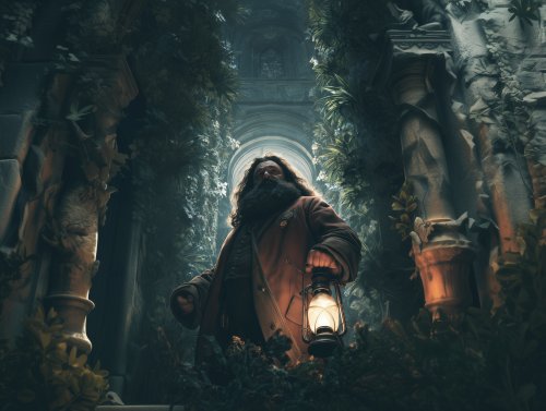 Рубеус Хагрид в коричневом пальто идет с зажженным фонарем в руке, на фоне заросших зеленью каменных руин из фильма Гарри Поттер / Harry Potter