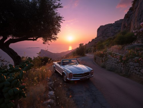 Серебристый ретро-кабриолет на горной дороге у обрыва с большим деревом, на фоне заката над морем и скалистого побережья