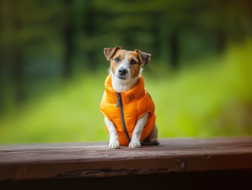 Собака породы джек-рассел-терьер в оранжевом жилете на фоне размытого зеленого леса