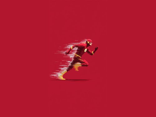 Супергерой Флэш из вселенной DC Comics / DC Comics universe в красном костюме с желтыми элементами бежит, оставляя за собой шлейф, на красном фоне