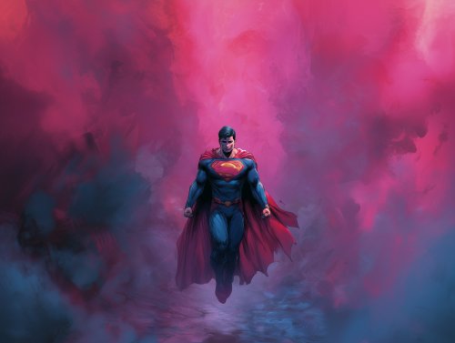 Супермен в синем костюме с красным плащом летит вперед на фоне розовых и синих облаков дыма