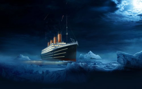 Британский пароход Титаник / Titanic плывет среди айсбергов
