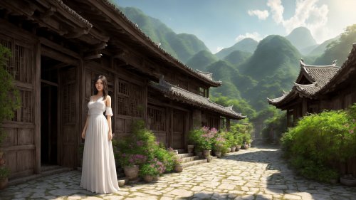Девушка в белом платье стоящая на фоне горных холмов и хижин в китайском стиле