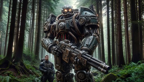 Воин с боевым роботом стоят в лесу с оружием в руках